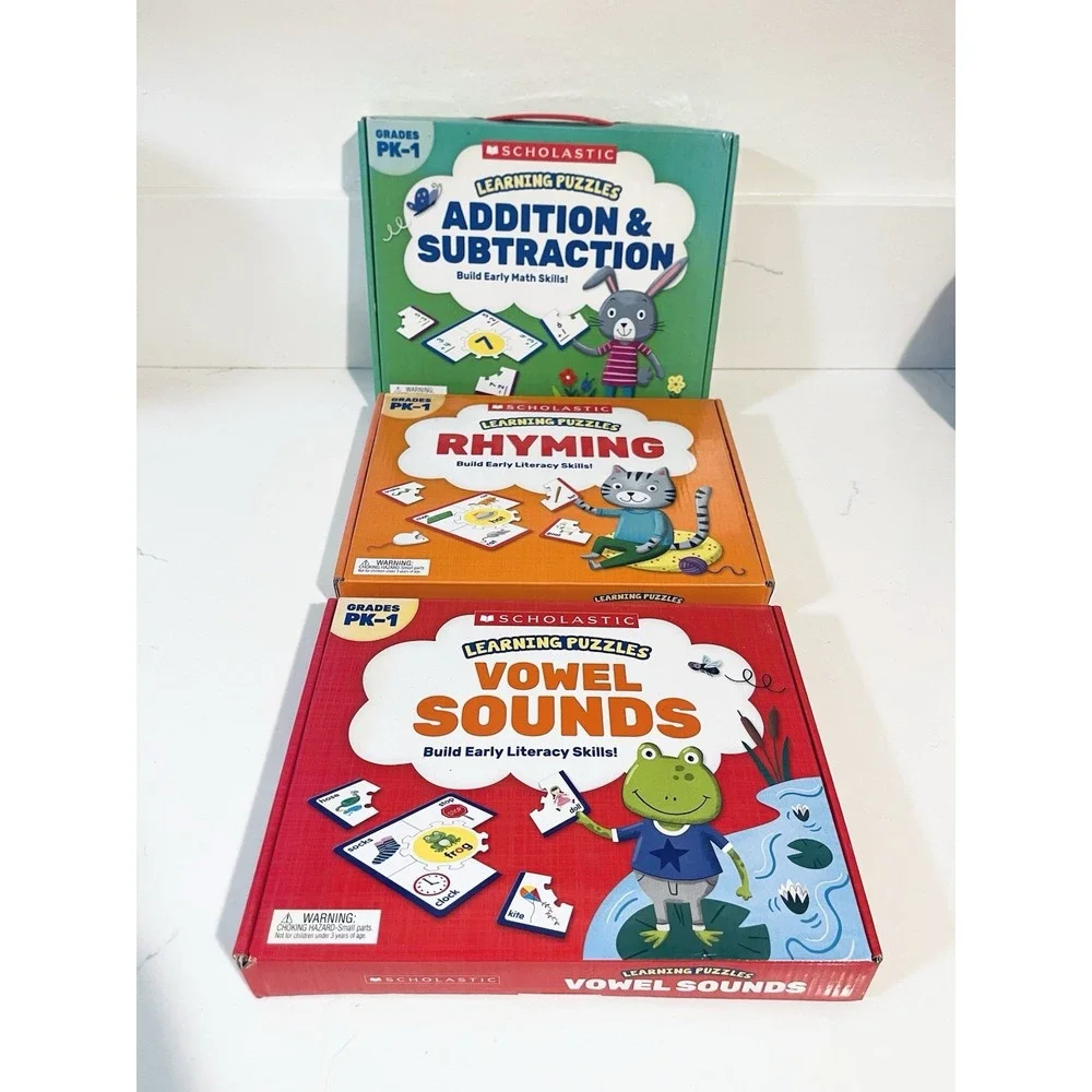 LEARNING PUZZLES Rhyming , Vowel Sounds , Add& Sub SET OF‎ 3  PK-1